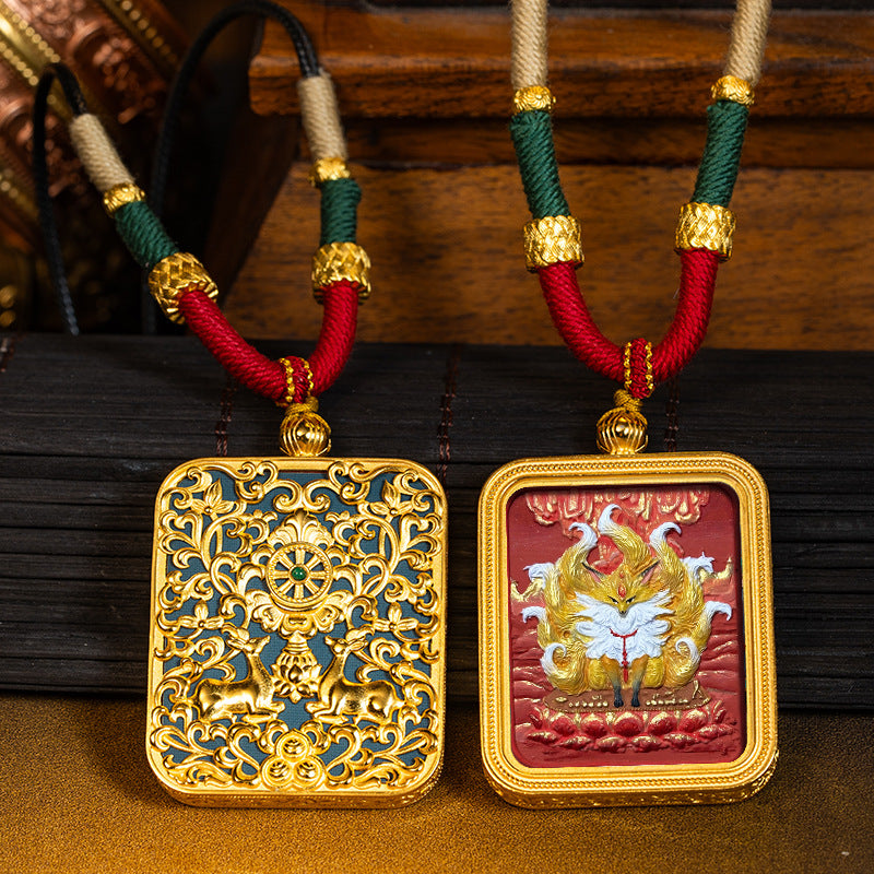 Green Tara Zakhilam Fifth Master's Past and Present Lives Necklace Hand drawn Tangka Brass Necklace