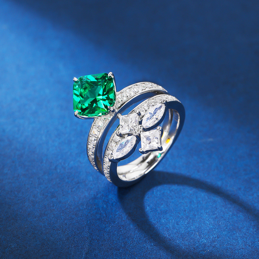 ring  Pure silver ring emerald female S95 silver inlaid embedded vermiculite high carbon diamond ice flower