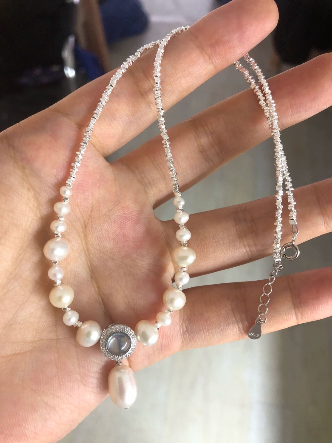 S925 pure silver necklace, aquamarine pendant accessory, natural freshwater pearl collarbone chain