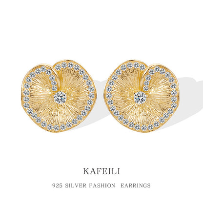 Italian brushed craftsmanship S925 pure silver lotus leaf pleated texture earrings with high-end temperament
