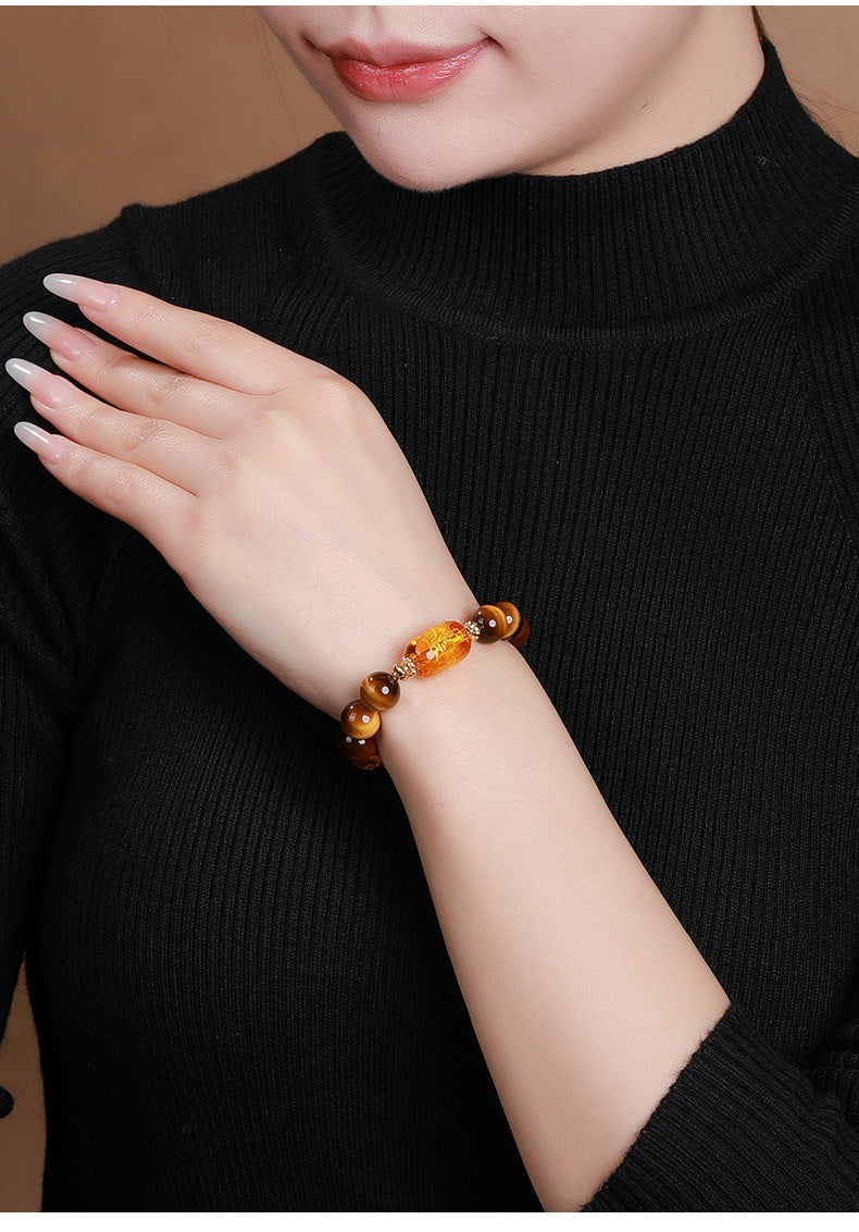 Five Road God of Wealth Natural Yellow Tiger Eye Stone Hand String Six Character Mantra Bracelet Fashion Gift