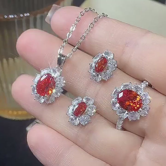 Jewelry new S925 all body silver set simulation orange red small pigeon egg pendant main 7 * 9-4 * 6