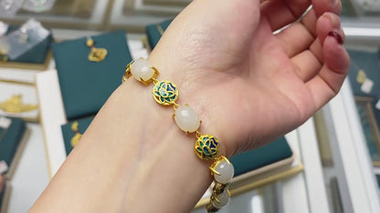 Cabaret S925 silver inlaid natural Hotan Jade bracelet lotus picking enamel China-Chic antique hand ornament
