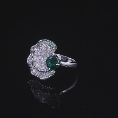 Fan shaped inlaid cultivated emerald ring S925 silver inlaid cultivated colorful treasure opening ring European and American exaggerated
