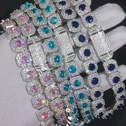 European and American trendy brand colored zircon bracelet 12mm flip button rock sugar chain hip-hop men's bracelet accessory