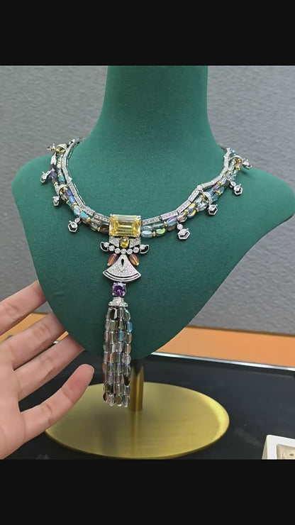 Colored rice bead tassel necklace gold-plated chain