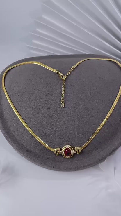 Retro cultivated plain egg shaped ruby collarbone necklace S925 silver snake bone chain versatile necklace
