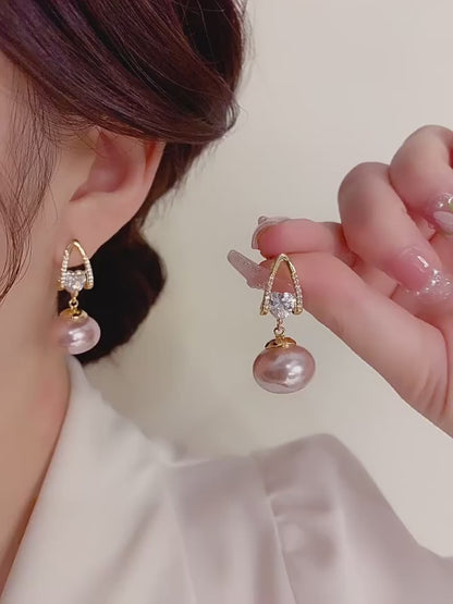 Exquisite pearl heart-shaped zircon earrings s925 silver needle fashionable temperament jewelry, internet famous earrings