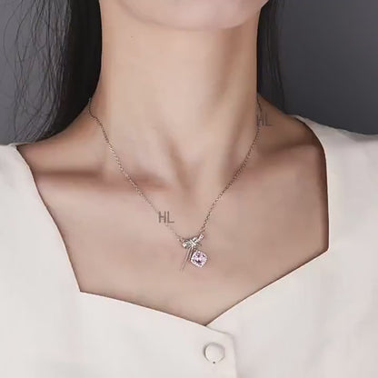 S925 pure silver romantic bow pink zircon necklace exquisite, light luxury, high-end feeling chain