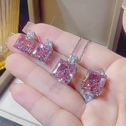 New Zhuangsheng Jewelry High Carbon Diamond Ice Flower Cut Copper Set with Princess Pink Diamond Set 12 * 12-10 * 10
