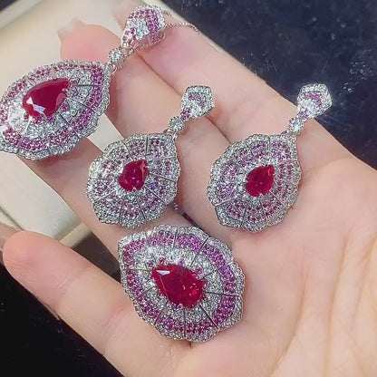 New jewelry set necklace pendant, red zircon earrings, Baroque retro earrings, European and American rings