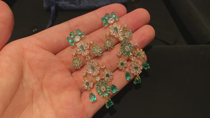 Green flower earrings, green flower clusters, water droplet pendant, zircon earrings, three-dimensional fashion.