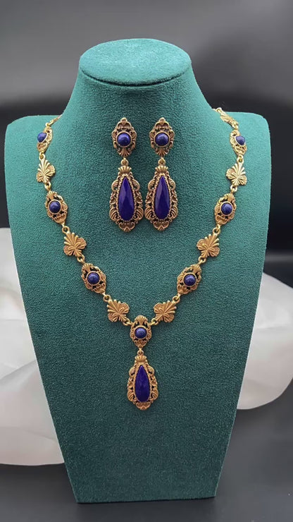 Vintage Heavy Industry Lapis Stone Inlaid with Palace Vintage Style High Quality Texture Water Drop Jewelry Set
