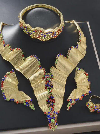 Dubai 18K Gold Plated Middle Eastern Fashion Necklace+Bracelet+Earrings+Ring Set